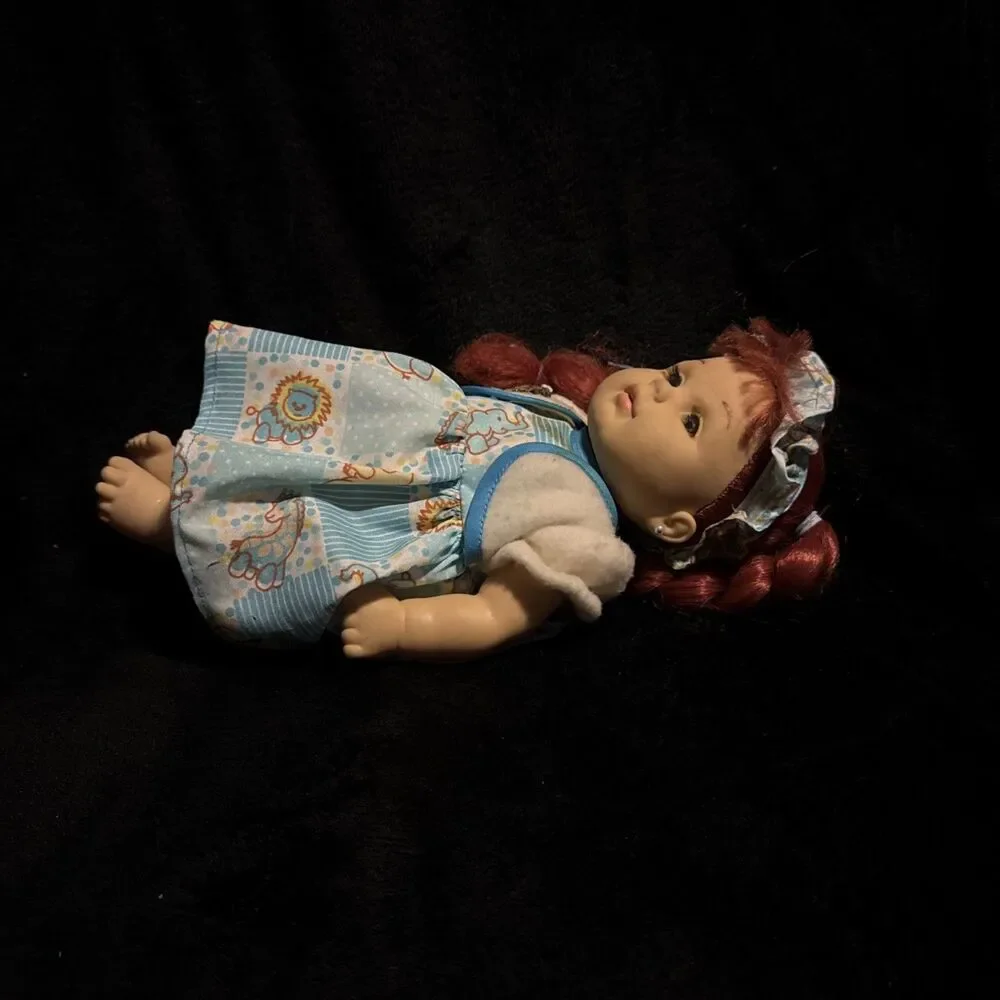 Vintage Redheaded Doll With Pigtails & Earings Blue Elephant Dress
